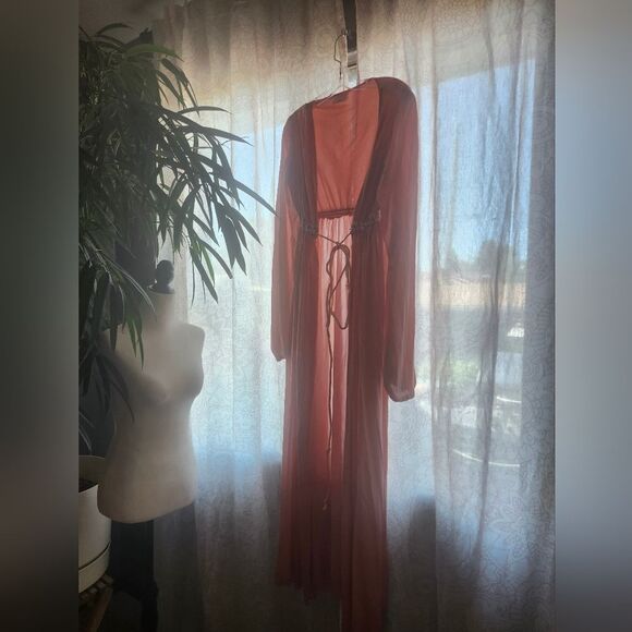 Vintage 50s Pink Satin Robe Puff Sleeve Maxi Waistband Cottagecore Fairy Vday - Picture 4 of 17